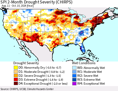 United States SPI 2-Month Drought Severity (CHIRPS) Thematic Map For 8/11/2024 - 10/10/2024