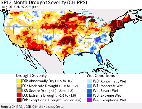 United States SPI 2-Month Drought Severity (CHIRPS) Thematic Map For 8/26/2024 - 10/25/2024
