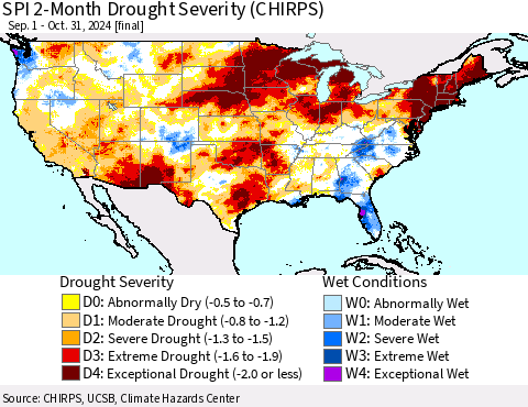 United States SPI 2-Month Drought Severity (CHIRPS) Thematic Map For 9/1/2024 - 10/31/2024