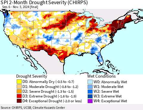 United States SPI 2-Month Drought Severity (CHIRPS) Thematic Map For 9/6/2024 - 11/5/2024