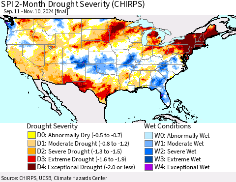 United States SPI 2-Month Drought Severity (CHIRPS) Thematic Map For 9/11/2024 - 11/10/2024