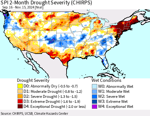 United States SPI 2-Month Drought Severity (CHIRPS) Thematic Map For 9/16/2024 - 11/15/2024