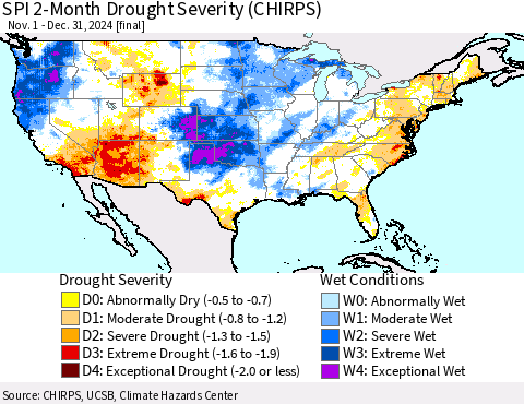 United States SPI 2-Month Drought Severity (CHIRPS) Thematic Map For 11/1/2024 - 12/31/2024