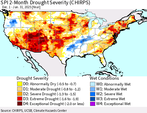 United States SPI 2-Month Drought Severity (CHIRPS) Thematic Map For 12/1/2024 - 1/31/2025