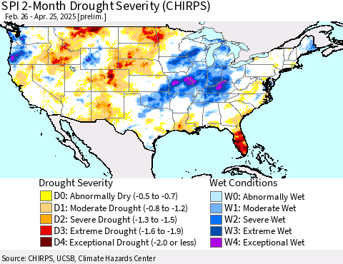 United States SPI 2-Month Drought Severity (CHIRPS) Thematic Map For 2/26/2025 - 4/25/2025