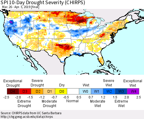 United States SPI 10-Day Drought Severity (CHIRPS) Thematic Map For 3/26/2019 - 4/5/2019