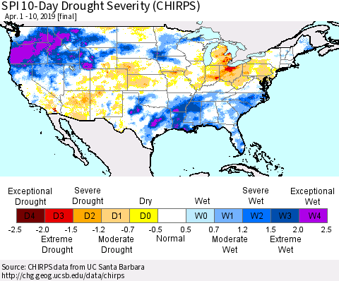 United States SPI 10-Day Drought Severity (CHIRPS) Thematic Map For 4/1/2019 - 4/10/2019