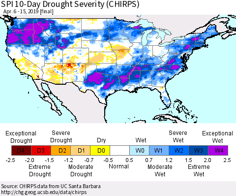 United States SPI 10-Day Drought Severity (CHIRPS) Thematic Map For 4/6/2019 - 4/15/2019