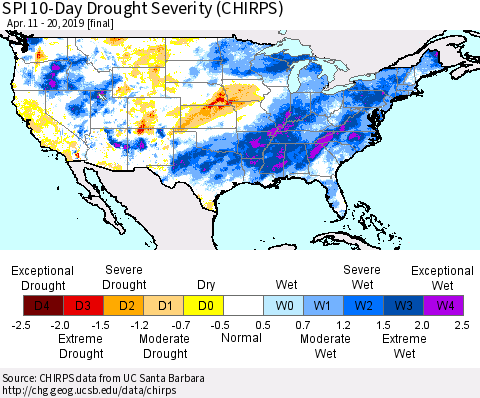 United States SPI 10-Day Drought Severity (CHIRPS) Thematic Map For 4/11/2019 - 4/20/2019