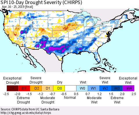United States SPI 10-Day Drought Severity (CHIRPS) Thematic Map For 4/16/2019 - 4/25/2019