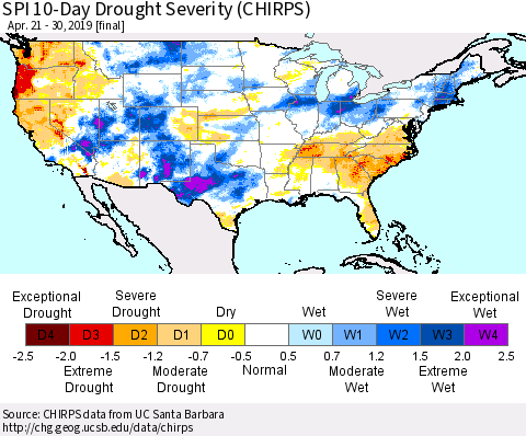 United States SPI 10-Day Drought Severity (CHIRPS) Thematic Map For 4/21/2019 - 4/30/2019