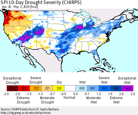 United States SPI 10-Day Drought Severity (CHIRPS) Thematic Map For 4/26/2019 - 5/5/2019