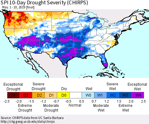 United States SPI 10-Day Drought Severity (CHIRPS) Thematic Map For 5/1/2019 - 5/10/2019