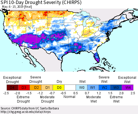 United States SPI 10-Day Drought Severity (CHIRPS) Thematic Map For 5/6/2019 - 5/15/2019