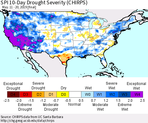 United States SPI 10-Day Drought Severity (CHIRPS) Thematic Map For 5/11/2019 - 5/20/2019