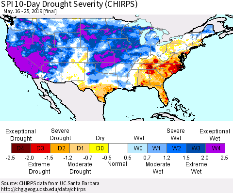 United States SPI 10-Day Drought Severity (CHIRPS) Thematic Map For 5/16/2019 - 5/25/2019