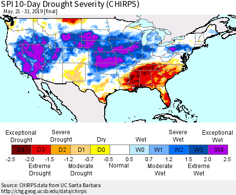 United States SPI 10-Day Drought Severity (CHIRPS) Thematic Map For 5/21/2019 - 5/31/2019