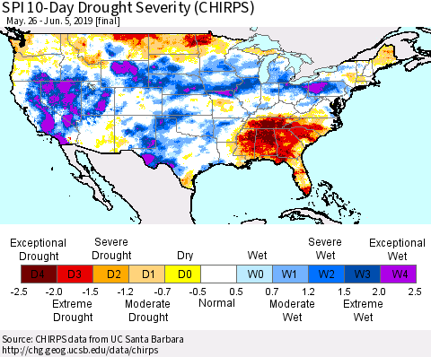 United States SPI 10-Day Drought Severity (CHIRPS) Thematic Map For 5/26/2019 - 6/5/2019