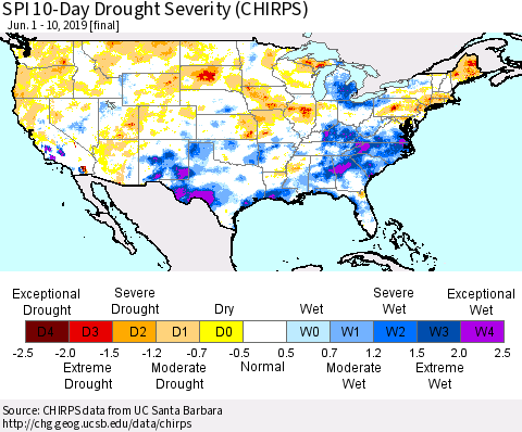 United States SPI 10-Day Drought Severity (CHIRPS) Thematic Map For 6/1/2019 - 6/10/2019