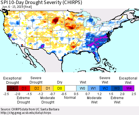 United States SPI 10-Day Drought Severity (CHIRPS) Thematic Map For 6/6/2019 - 6/15/2019