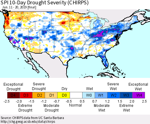 United States SPI 10-Day Drought Severity (CHIRPS) Thematic Map For 6/11/2019 - 6/20/2019