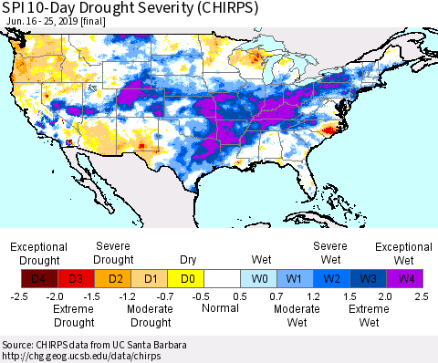United States SPI 10-Day Drought Severity (CHIRPS) Thematic Map For 6/16/2019 - 6/25/2019