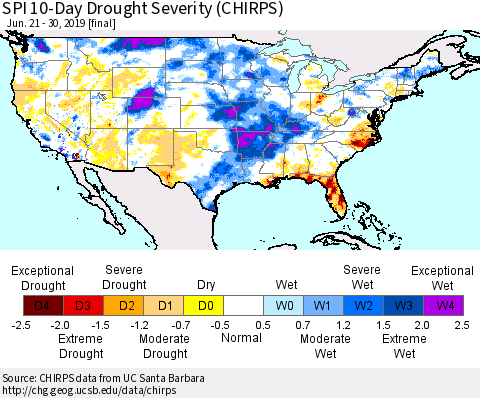 United States SPI 10-Day Drought Severity (CHIRPS) Thematic Map For 6/21/2019 - 6/30/2019