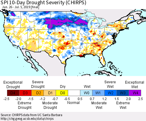 United States SPI 10-Day Drought Severity (CHIRPS) Thematic Map For 6/26/2019 - 7/5/2019