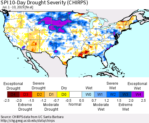 United States SPI 10-Day Drought Severity (CHIRPS) Thematic Map For 7/1/2019 - 7/10/2019