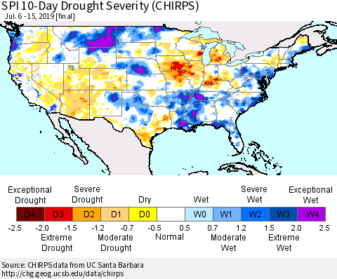 United States SPI 10-Day Drought Severity (CHIRPS) Thematic Map For 7/6/2019 - 7/15/2019