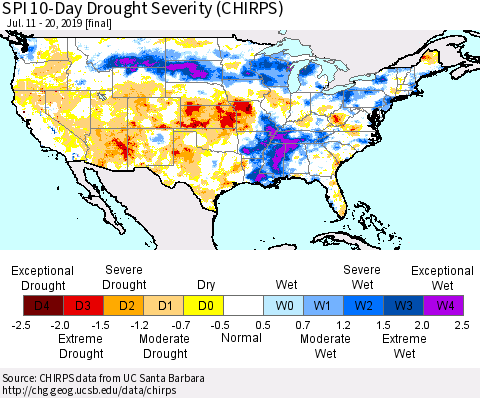 United States SPI 10-Day Drought Severity (CHIRPS) Thematic Map For 7/11/2019 - 7/20/2019