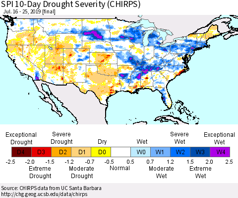 United States SPI 10-Day Drought Severity (CHIRPS) Thematic Map For 7/16/2019 - 7/25/2019