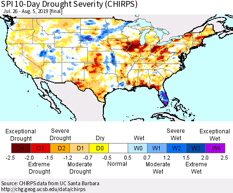 United States SPI 10-Day Drought Severity (CHIRPS) Thematic Map For 7/26/2019 - 8/5/2019