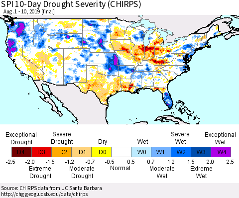United States SPI 10-Day Drought Severity (CHIRPS) Thematic Map For 8/1/2019 - 8/10/2019
