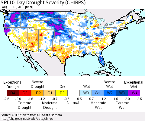 United States SPI 10-Day Drought Severity (CHIRPS) Thematic Map For 8/6/2019 - 8/15/2019