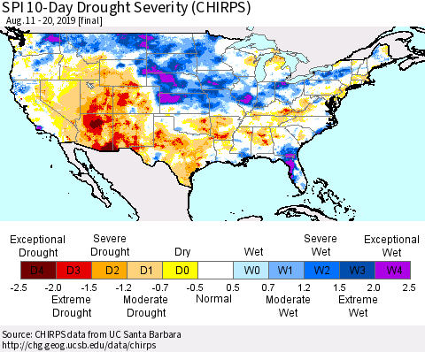 United States SPI 10-Day Drought Severity (CHIRPS) Thematic Map For 8/11/2019 - 8/20/2019