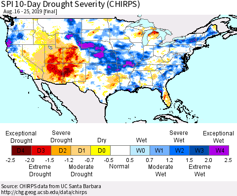 United States SPI 10-Day Drought Severity (CHIRPS) Thematic Map For 8/16/2019 - 8/25/2019