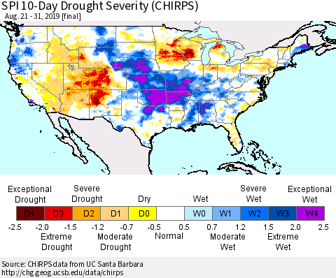 United States SPI 10-Day Drought Severity (CHIRPS) Thematic Map For 8/21/2019 - 8/31/2019