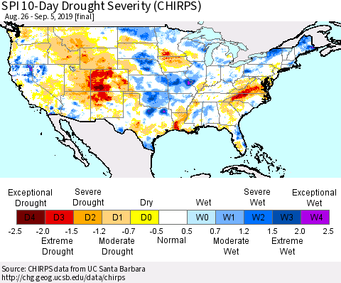 United States SPI 10-Day Drought Severity (CHIRPS) Thematic Map For 8/26/2019 - 9/5/2019