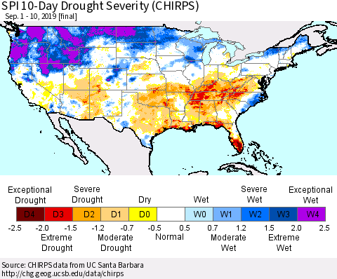 United States SPI 10-Day Drought Severity (CHIRPS) Thematic Map For 9/1/2019 - 9/10/2019