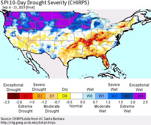 United States SPI 10-Day Drought Severity (CHIRPS) Thematic Map For 9/6/2019 - 9/15/2019