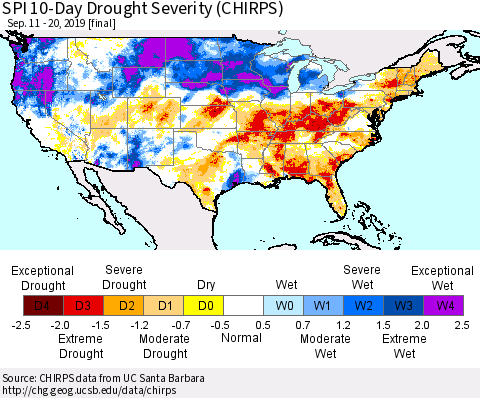 United States SPI 10-Day Drought Severity (CHIRPS) Thematic Map For 9/11/2019 - 9/20/2019