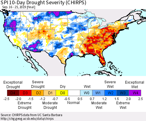 United States SPI 10-Day Drought Severity (CHIRPS) Thematic Map For 9/16/2019 - 9/25/2019