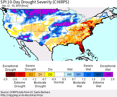 United States SPI 10-Day Drought Severity (CHIRPS) Thematic Map For 9/21/2019 - 9/30/2019