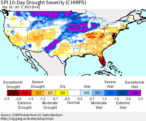 United States SPI 10-Day Drought Severity (CHIRPS) Thematic Map For 9/26/2019 - 10/5/2019