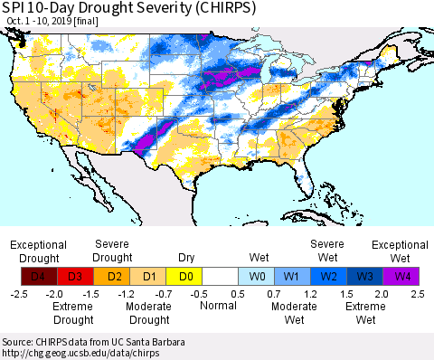 United States SPI 10-Day Drought Severity (CHIRPS) Thematic Map For 10/1/2019 - 10/10/2019