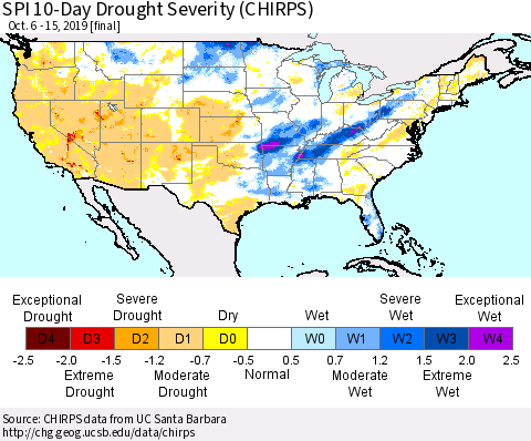 United States SPI 10-Day Drought Severity (CHIRPS) Thematic Map For 10/6/2019 - 10/15/2019