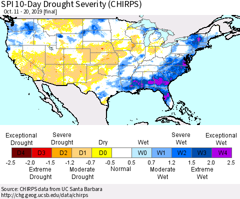 United States SPI 10-Day Drought Severity (CHIRPS) Thematic Map For 10/11/2019 - 10/20/2019