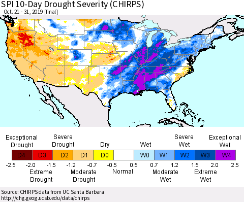 United States SPI 10-Day Drought Severity (CHIRPS) Thematic Map For 10/21/2019 - 10/31/2019