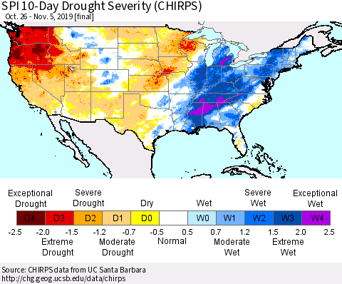United States SPI 10-Day Drought Severity (CHIRPS) Thematic Map For 10/26/2019 - 11/5/2019